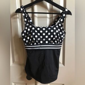 LANDS END Tankini Swim TOP ONLY Foam Pad Bra Black White Polka 8 ddd